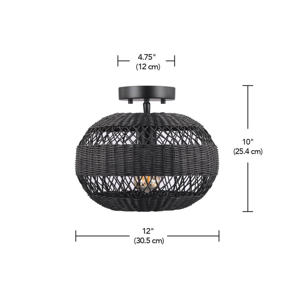 12 in. 1-Light Matte Black Farmhouse Semi-Flush Mount with Rattan Shade and No Bulbs Included - Hercitys