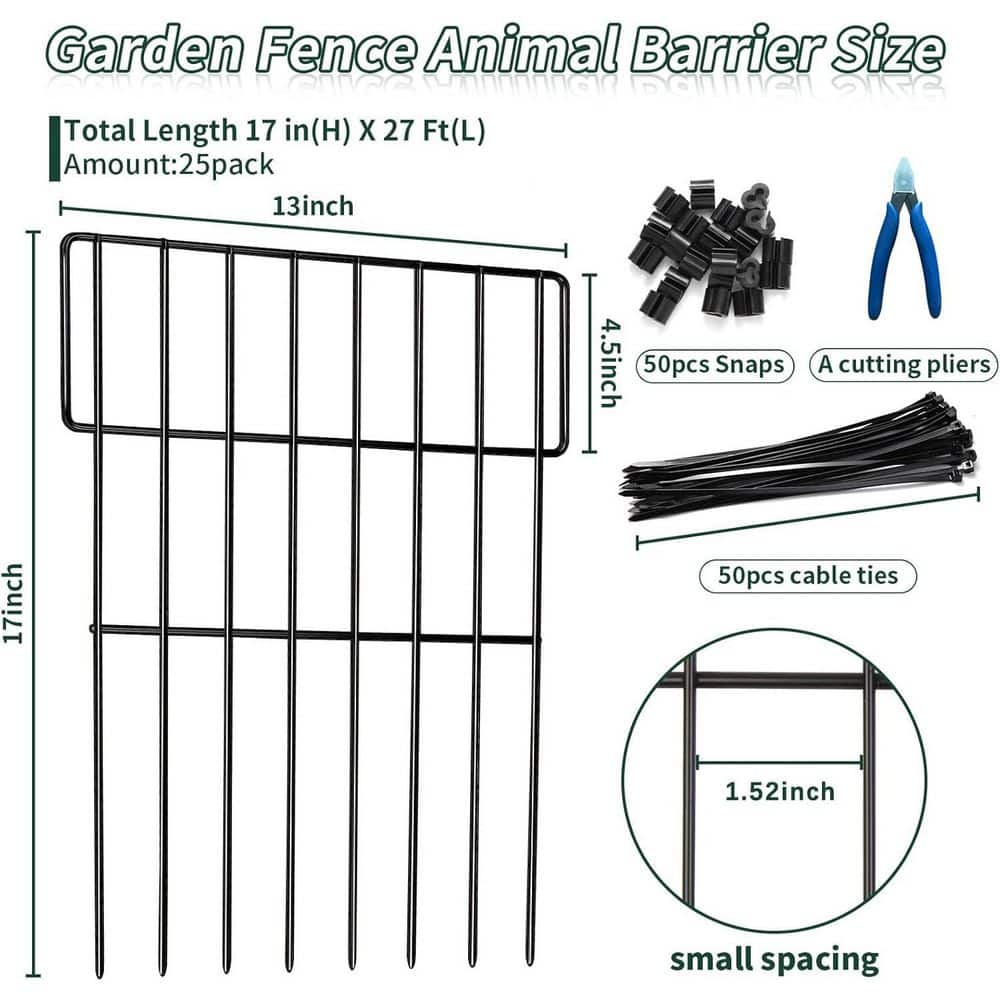 17 in. L x 6.7 in. H x 13 in. W Black Animal Barrier Fence Rustproof Metal with Cable Ties and Cutting Plier (25 Pack) - Hercitys