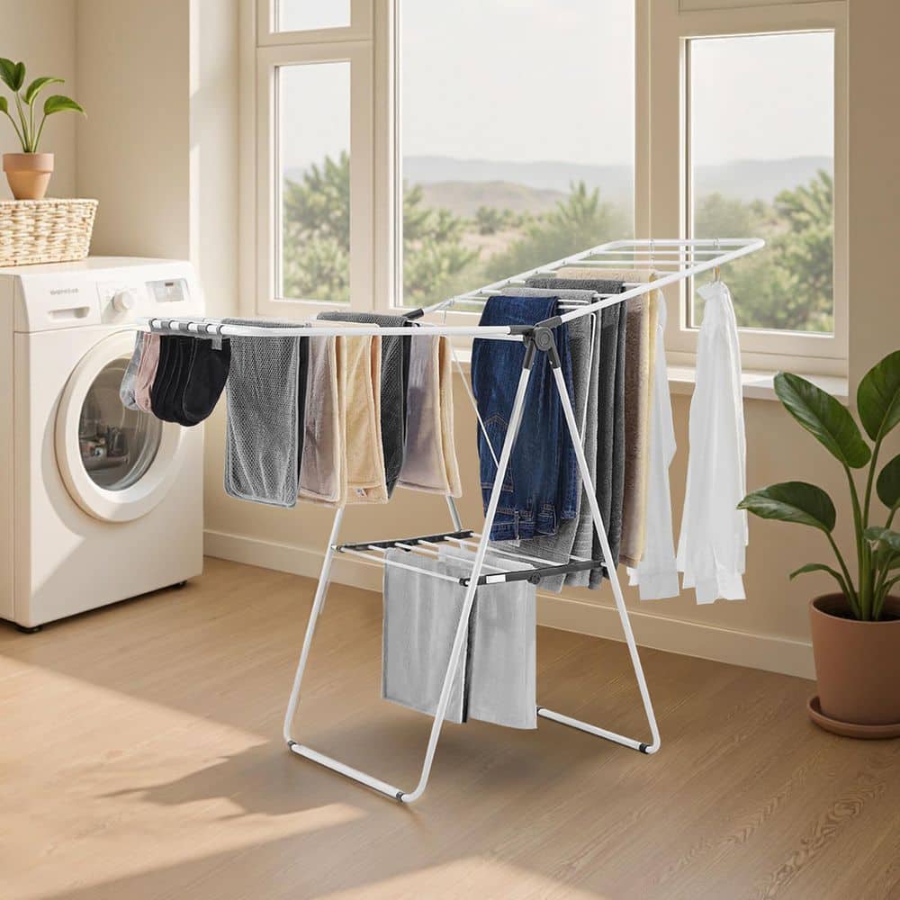 2-Tier Foldable Laundry Dryer Rack with 21 Drying Rods, Sock Clips, Metal Height-Adjustable, White - Hercitys