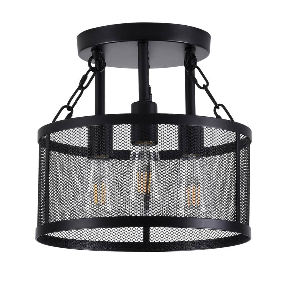 12.59 in. 3-Light Industrial Semi-Flush Mount Black Farmhouse Ceiling Light Fixtures with Metal Mesh Shade - Hercitys