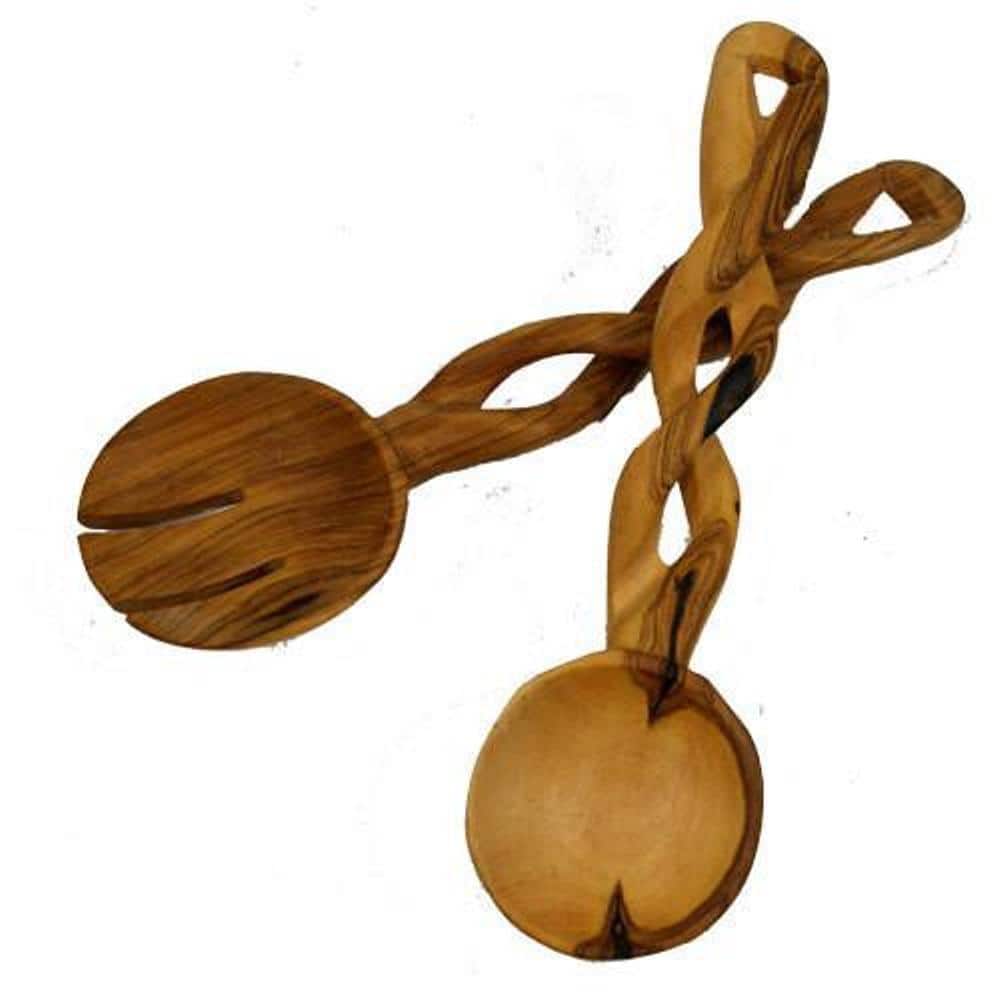 2-Pieces Braided Hand-Carved Kenyan Olive Wood Salad Serving Set - Hercitys