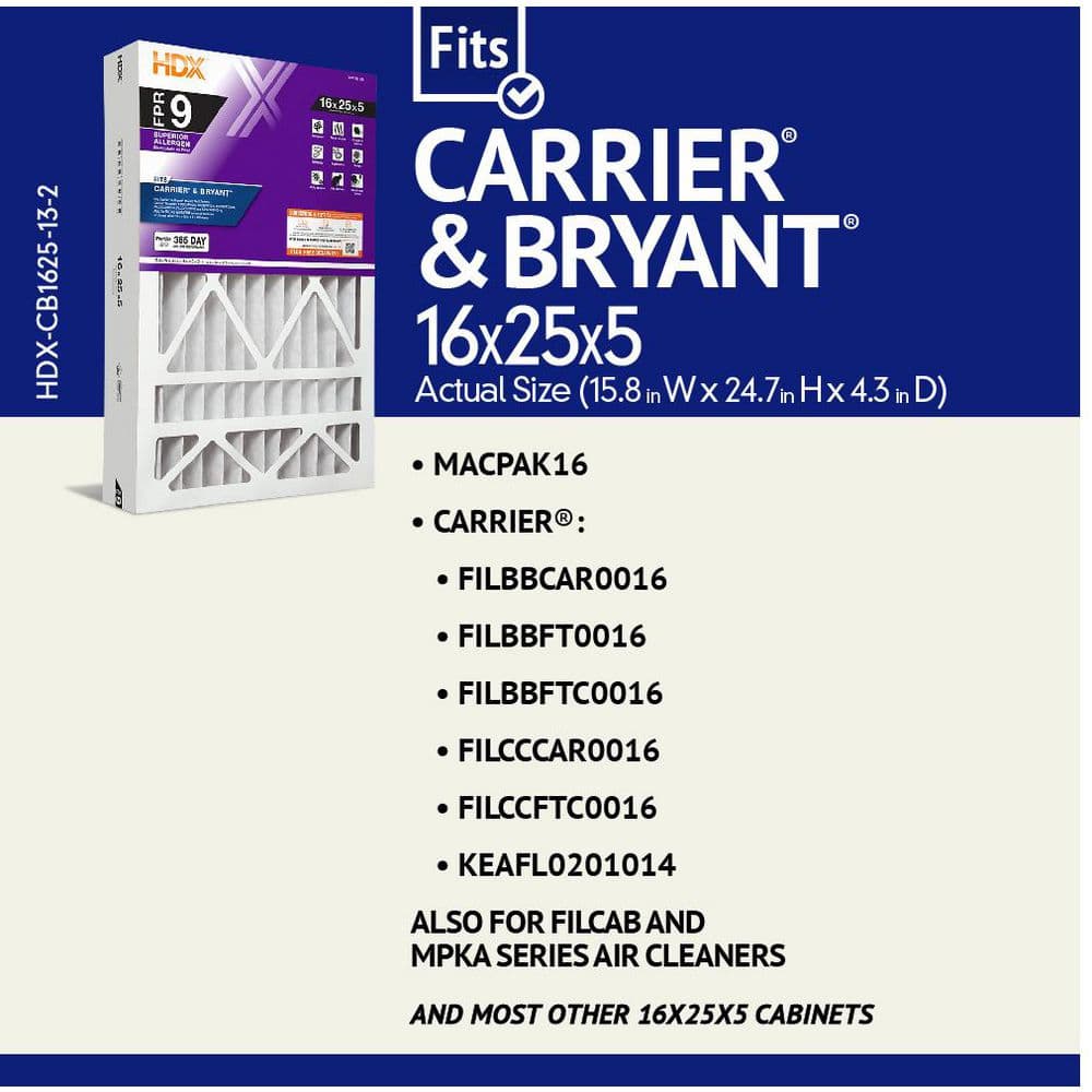16 in. x 25 in. x 5 in. Carrier Replacement Pleated Air Filter FPR 9, MERV 13 - Hercitys