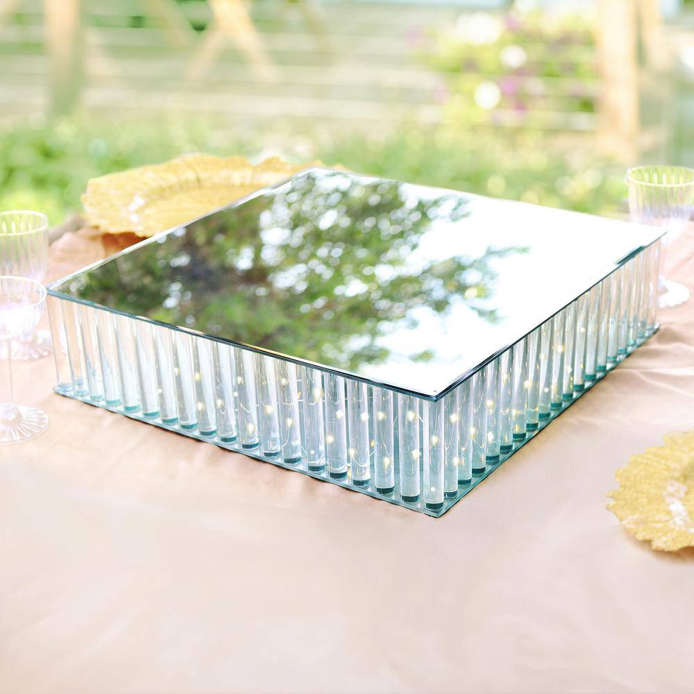 1-Tier Clear Square Mirror LED Fairy Light Up Glass Columns Cake Stand Dessert Display Tray 16 in. - Hercitys