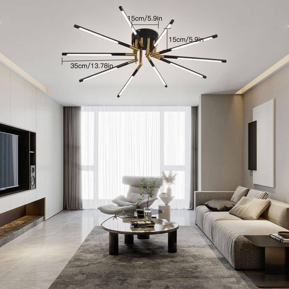 33.46 in. 10-Light Black and Gold Modern Linear Dimmable Selectable LED Semi-Flush Mount Ceiling Light with Remote - Hercitys