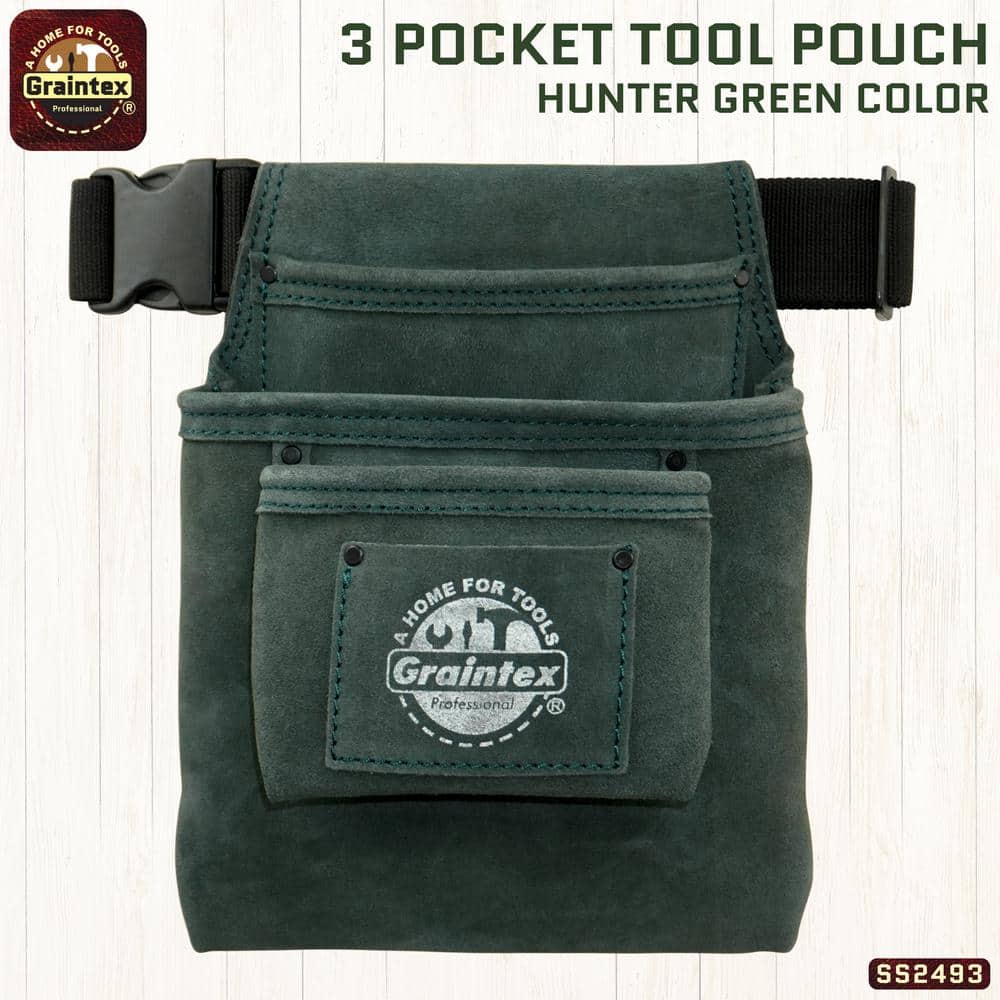 3-Pocket Hunter Green Suede Leather Nail and Tool Pouch w/Belt - Hercitys