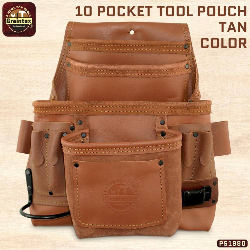 10-Pocket Nail and Tool Pouch Tan Color Industrial Grade Leather - Hercitys