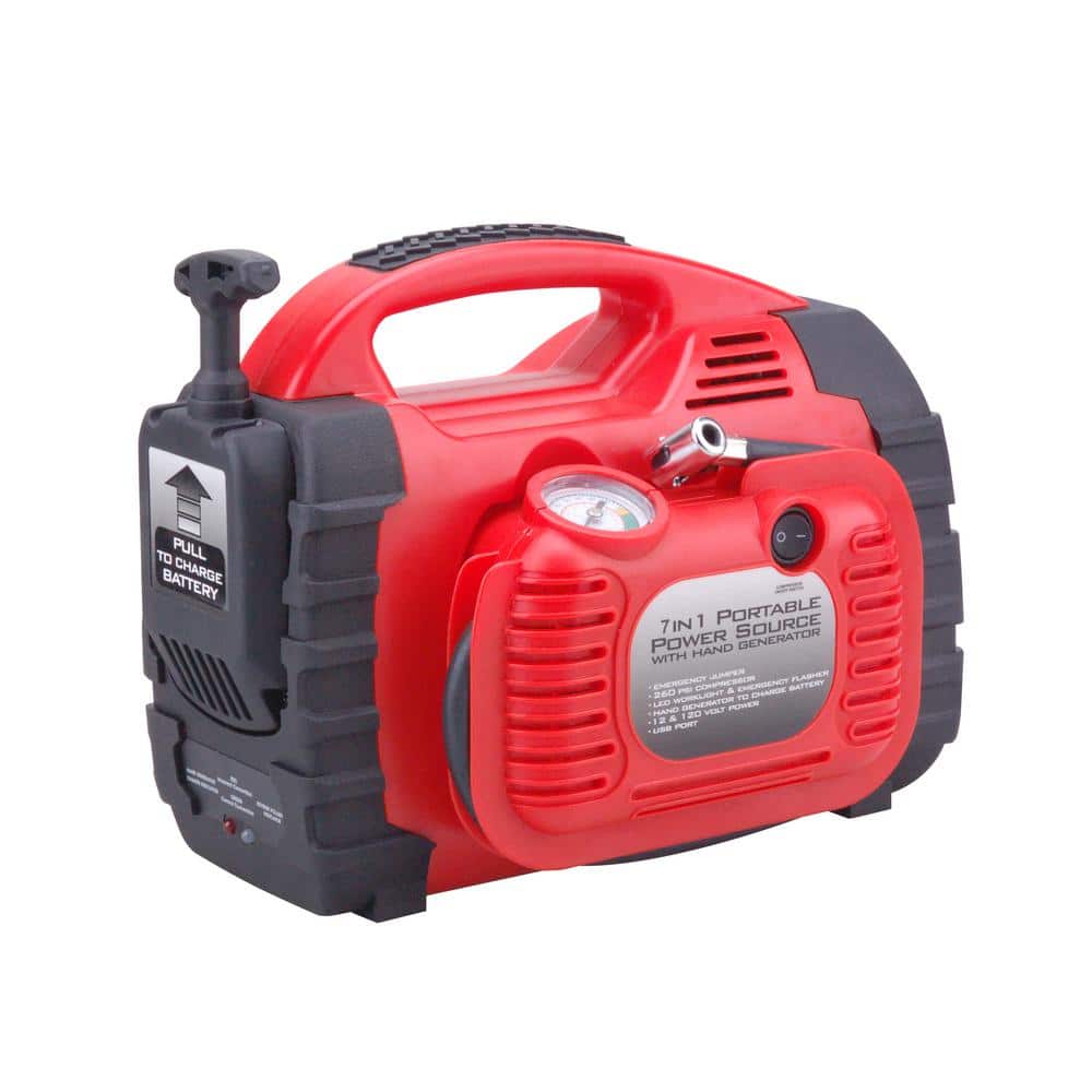 12-Volt/USB Power 7-in-1 Portable Power Station, Jump Starter, Air Compressor, Manual Generator, Battery Charger - Hercitys