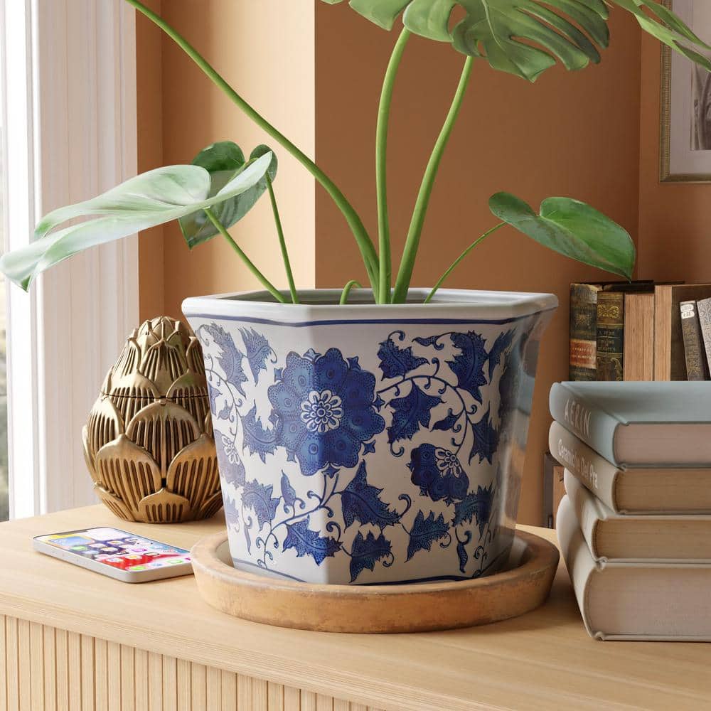 10 in. Floral Blue and White Porcelain Flower Pot - Hercitys