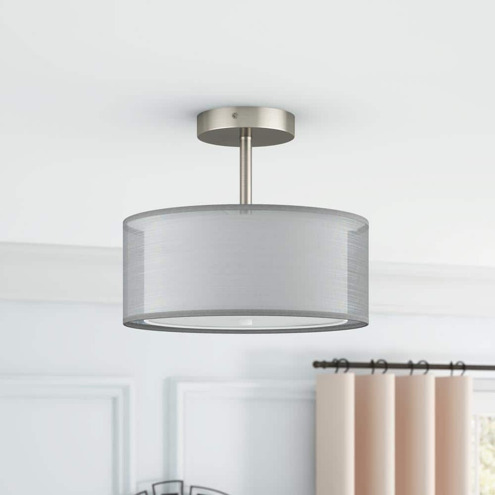 11.81 in. 3-Light Nickel Semi-Flush Mount Drum Light Modern Close to Ceiling Lamps with Double Shade - Hercitys