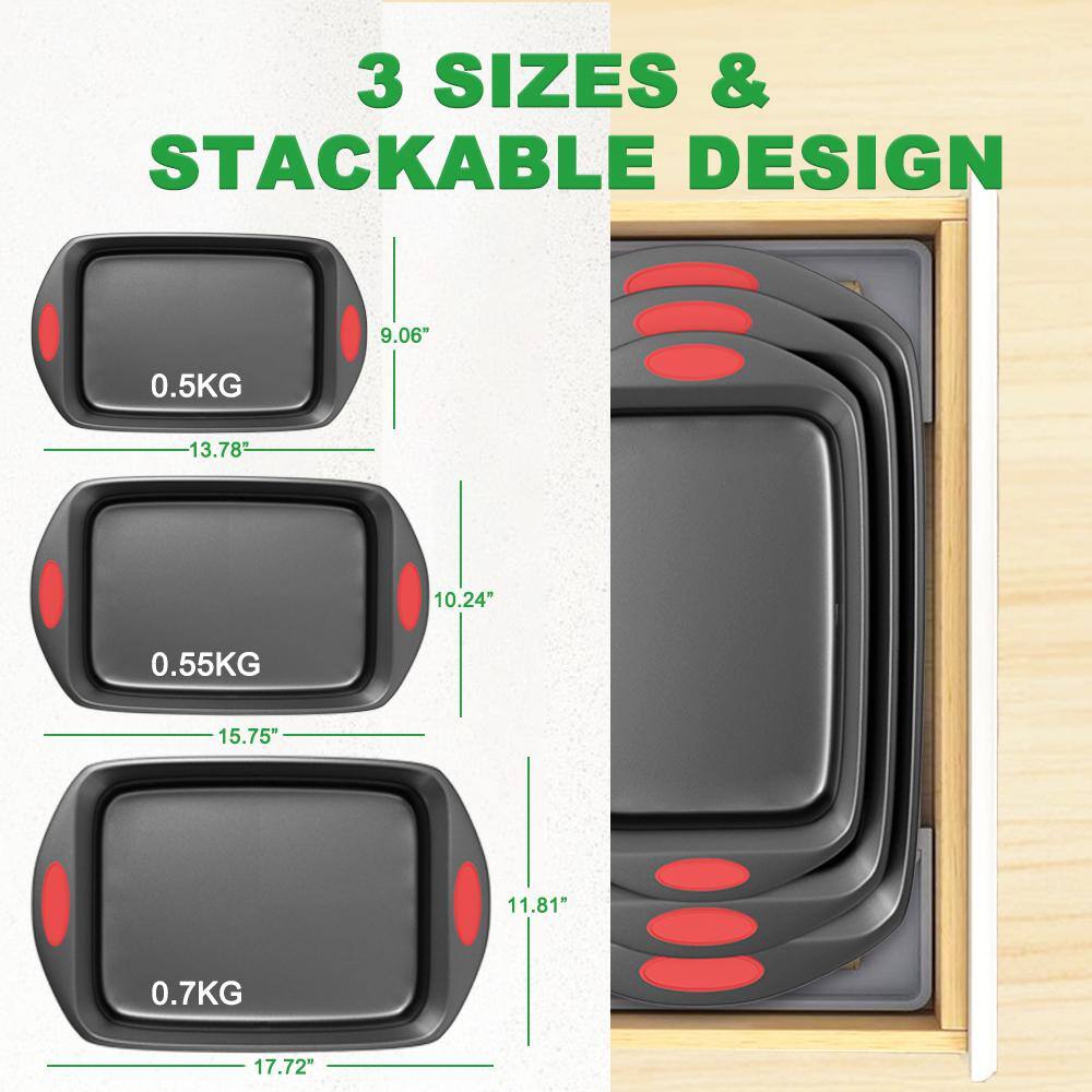 3-Piece Nonstick Baking Pan Sheet with Red Silicone Handles Set - Hercitys