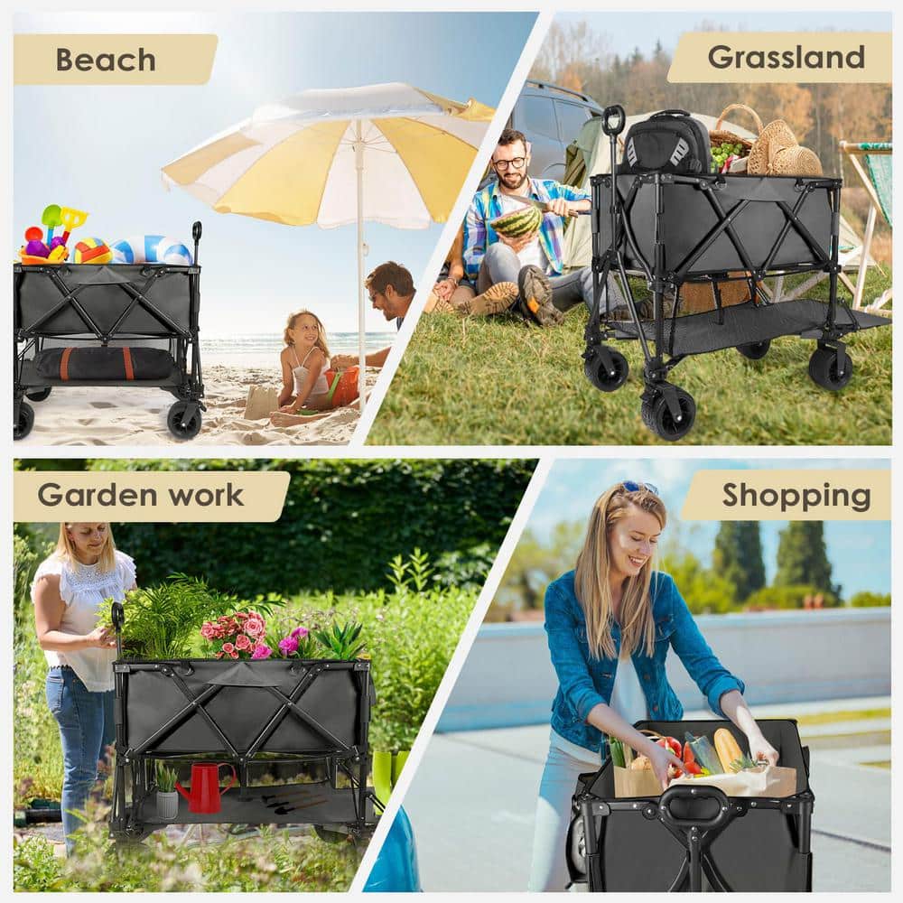 10 cu. ft. Black Metal Garden Cart Double Decker Wagon Cart with Wheels Foldable, 400 l Large Capacity Collapsible Wagon - Hercitys