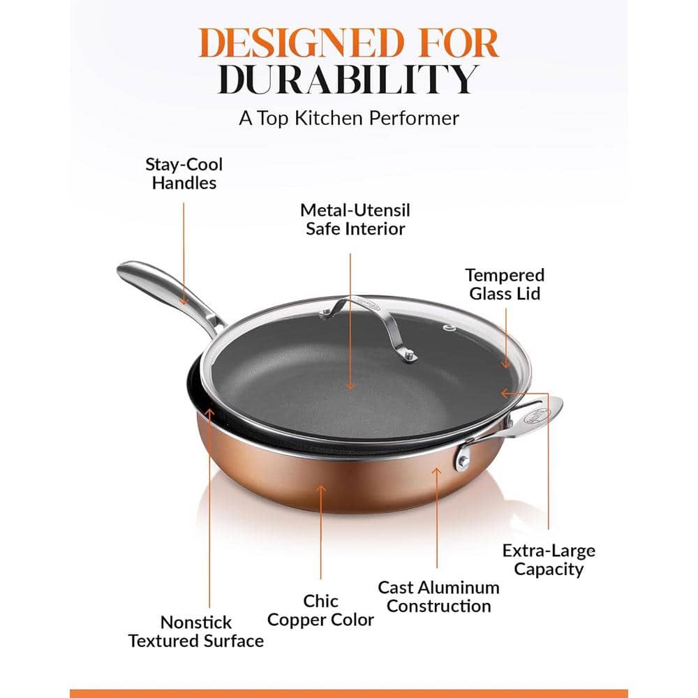 5.5 qt. Aluminum Cast Textured Coating Non-Stick Deep Saute Pan with Glass Lid and Helper Handle - Hercitys
