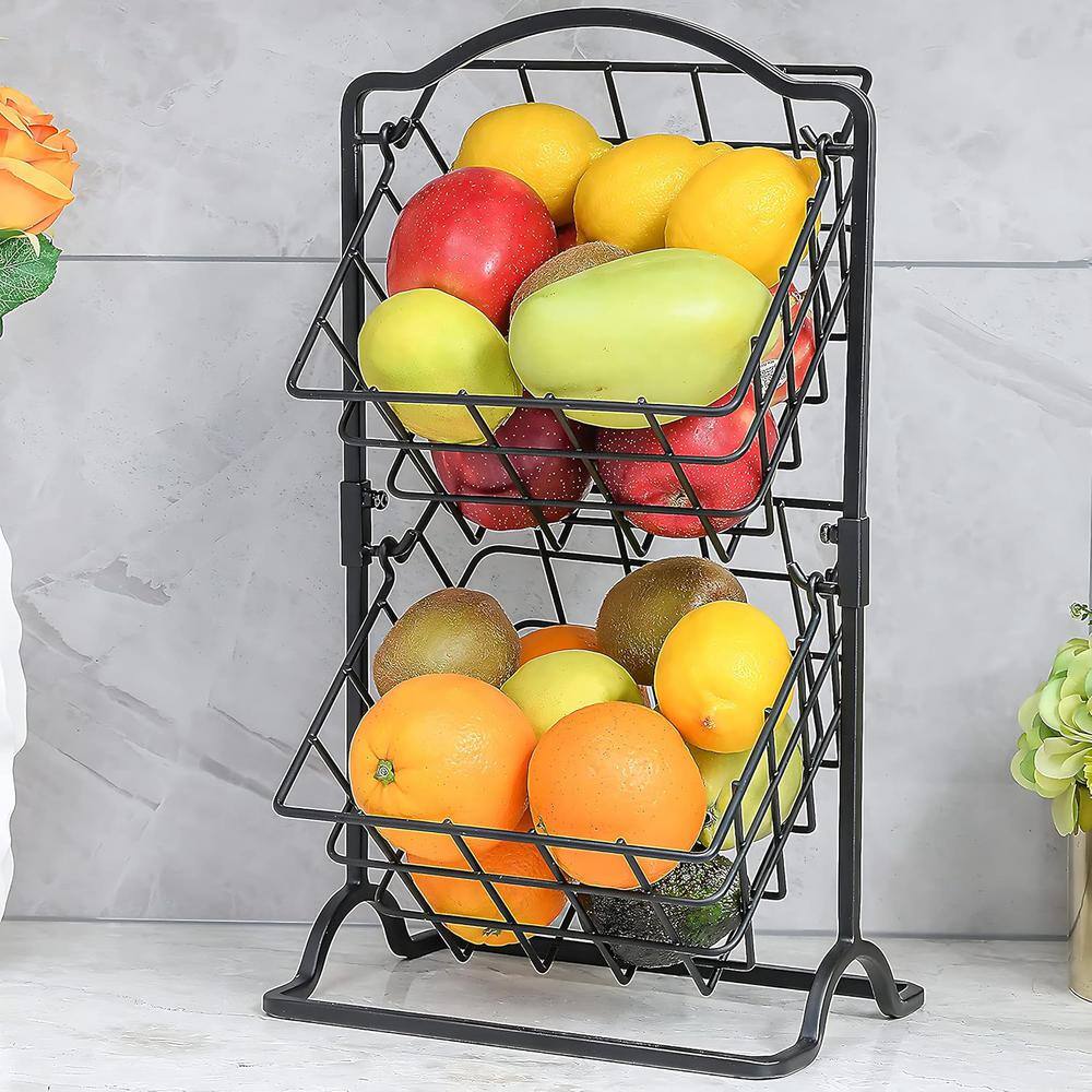 2 Tier Iron Fruit Basket Fruit Bowl for Kitchen Counter, Bread, Fruit and Vegetable Holder Storage in Matte Black - Hercitys