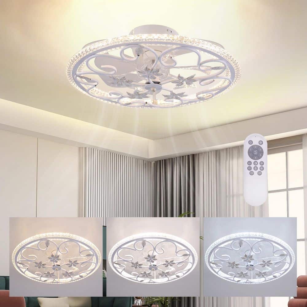 20 in. Flush Mount Caged Indoor Matte White Ceiling Fan with Dimmer LED Lights and Reversible DC Motor for Small Bedroom - Hercitys