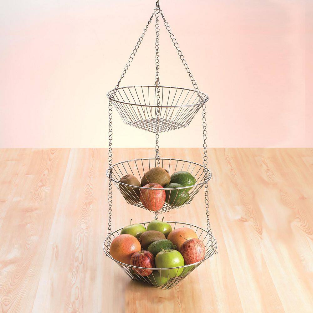 3-Tier Chrome Plated Iron Wire Hanging Basket Kitchen Accessory Storage Organizer, 11.8 Diam. x 31.5 in H Hanging Size - Hercitys