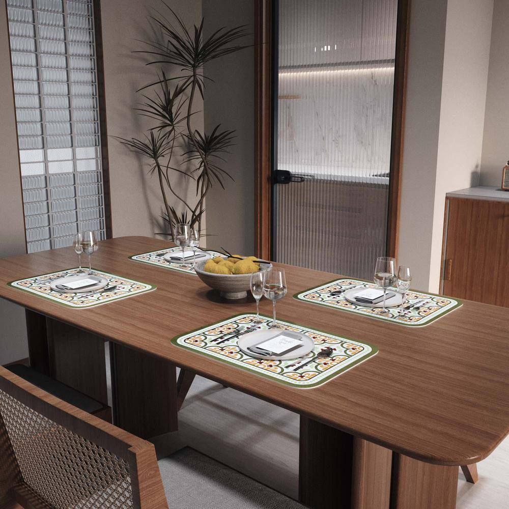 17.7 in. x 11.8 in. Leather Heat Resistant Placemats for Indoor and Outdoor, Green Floral Design, Set of 6 - Hercitys