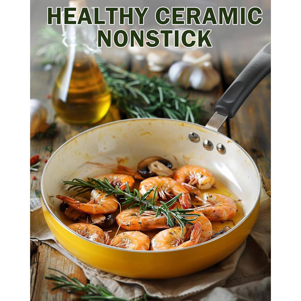 10-Piece Ceramic Nonstick Aluminum Kitchen Cookware Set, Yellow - Hercitys