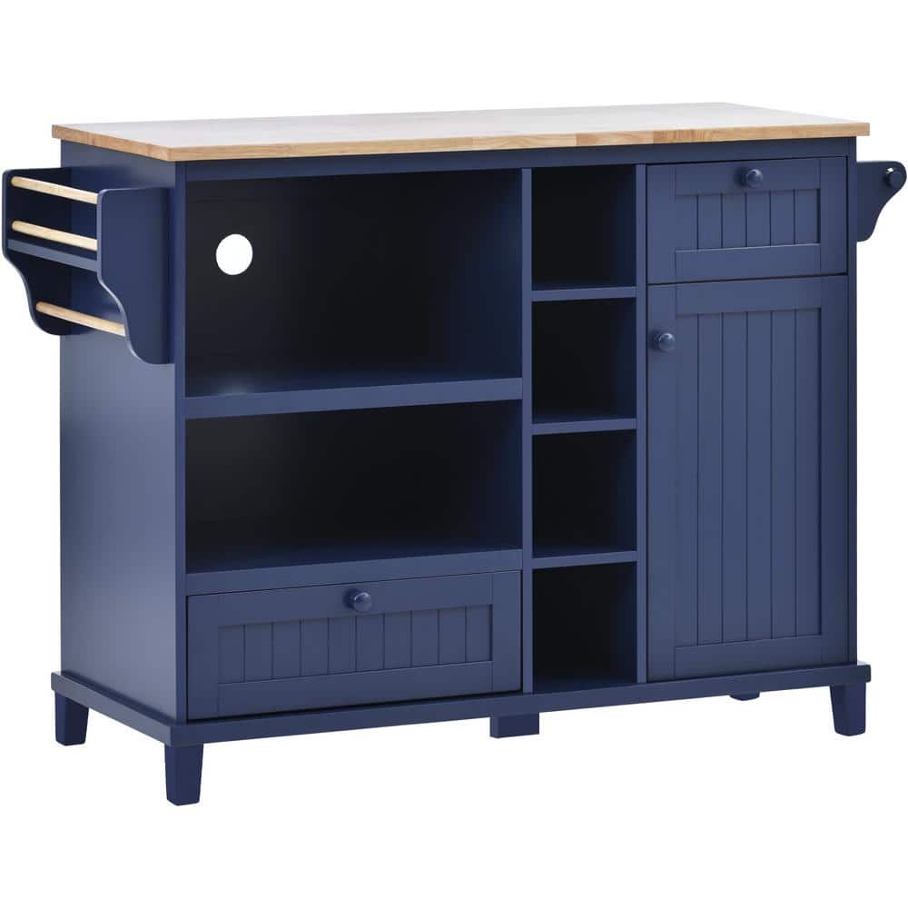 50.8 in. Dark Blue Rubber Wood Top Kitchen Cart Island with Storage Cabinet, Microwave Shelf, and Locking Wheels - Hercitys