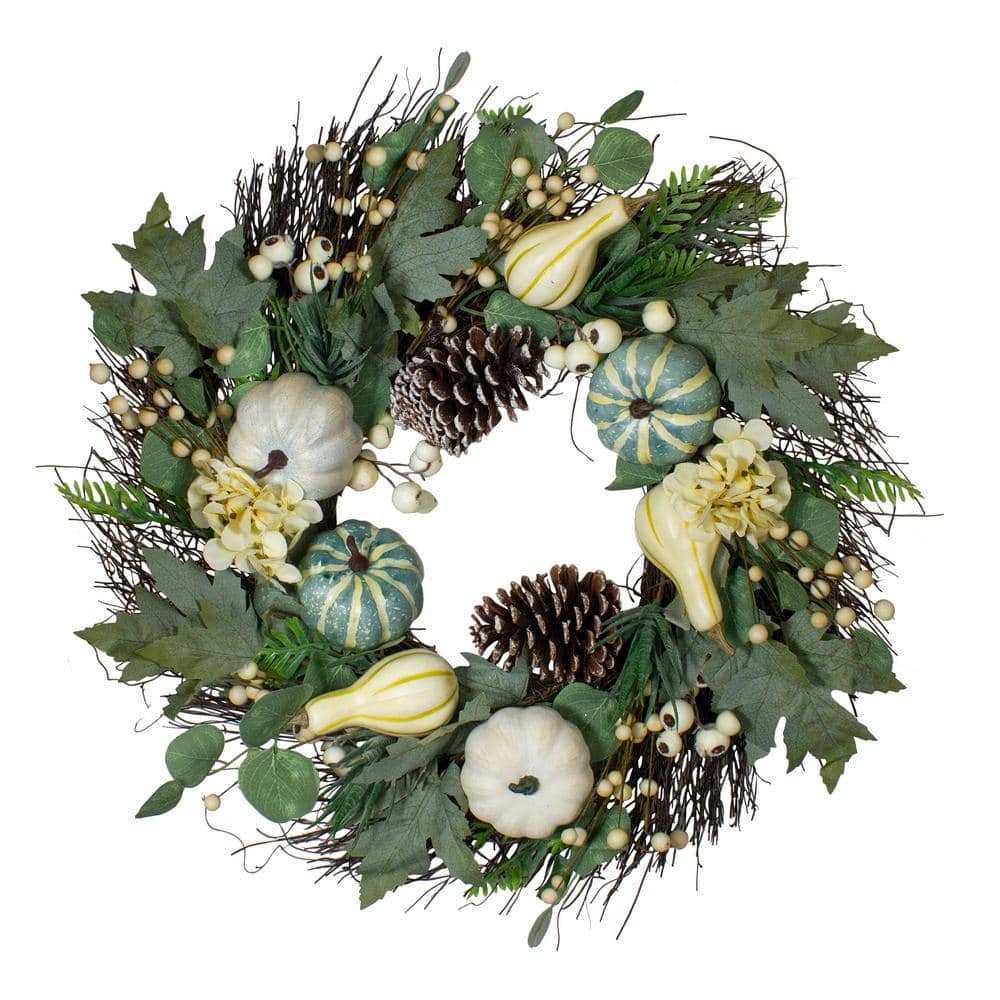 22 in. Green and White Unlit Pumpkins and Berries Fall Harvest Artificial Wreath - Hercitys