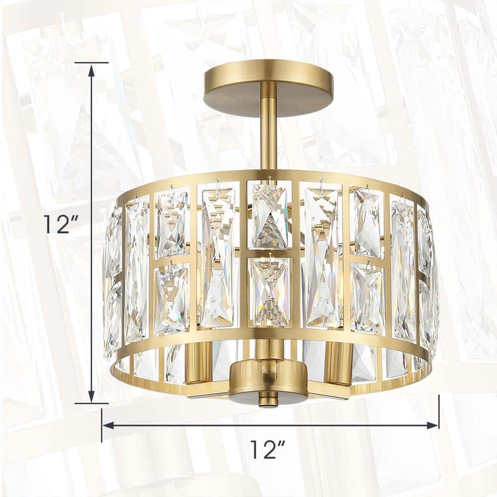 12 in. 3-Light Round Modern Gold Drum Semi Flush Mount Ceiling Light with Clear Crystal Glass - Hercitys