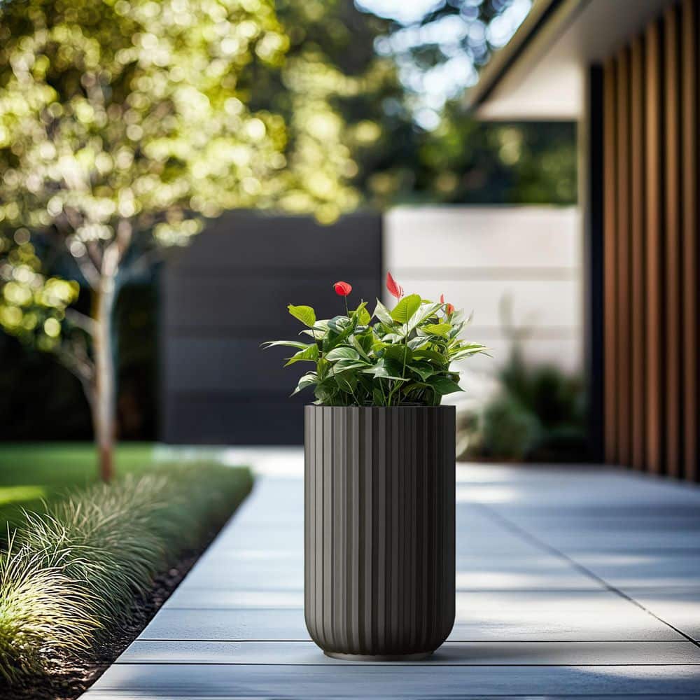 11.5 in. Large Charcoal Black Concrete Round Planter / Pot with Drainage Holes - Hercitys