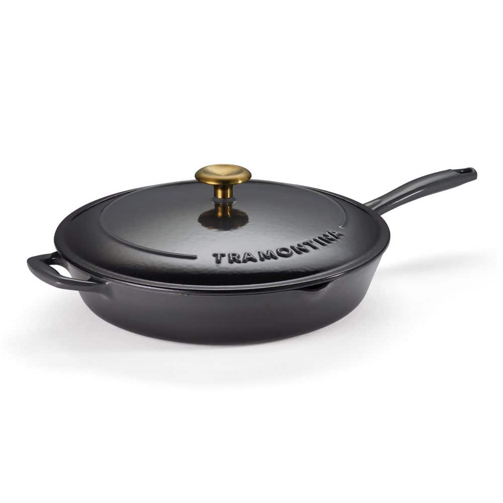 12 in. Enameled Covered Cast Iron Skillet-Smoke with Gold Stainless Steel Knob - Hercitys