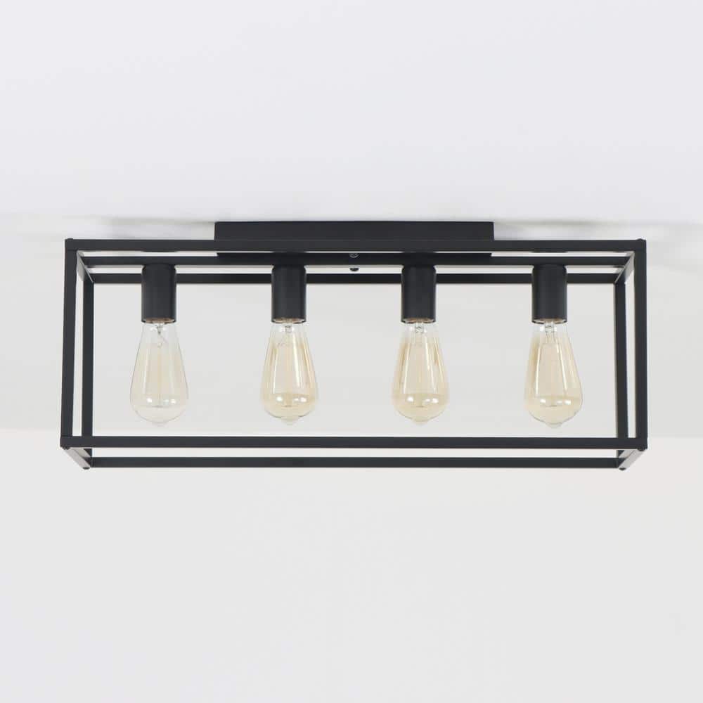 24 in. 4-Light Farmhouse Black Rectangle Cage Flush Mount with E26 Base for Bedroom Dining Room - Hercitys