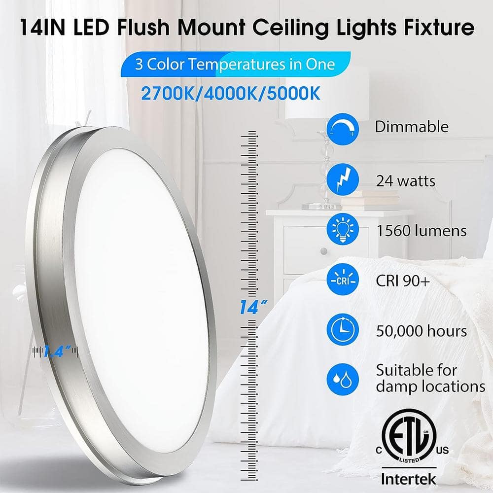 14 in. Brushed Nickel Slim Flush Mount with Frosted Glass Shade Integrated LED Dimmable Lamp (6-Pack) - Hercitys