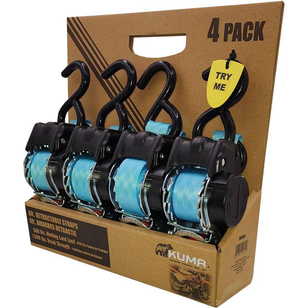 1 in. x 6 ft. Kuma Retractable Tiedown 500LBS WLL 4-Pack - Hercitys