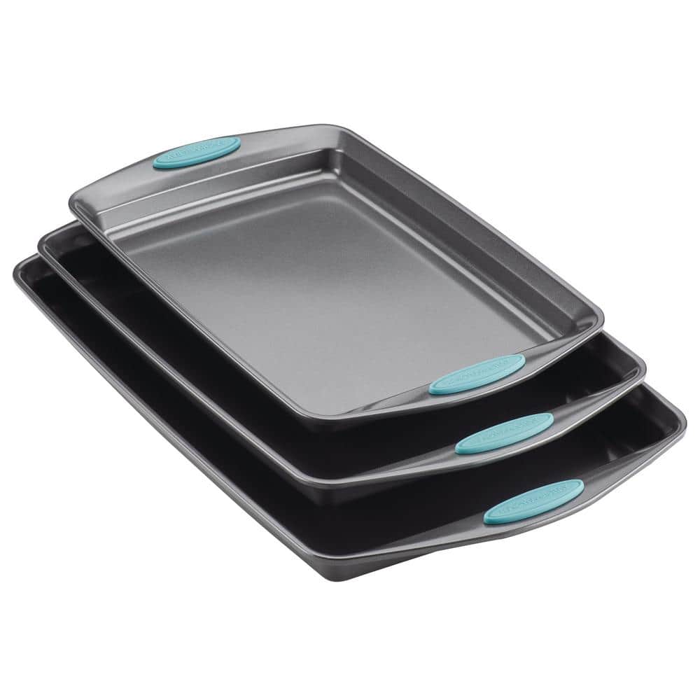 3-Piece Gray Nonstick Bakeware Cookie Pan Set with Agave Blue Silicone Grips - Hercitys