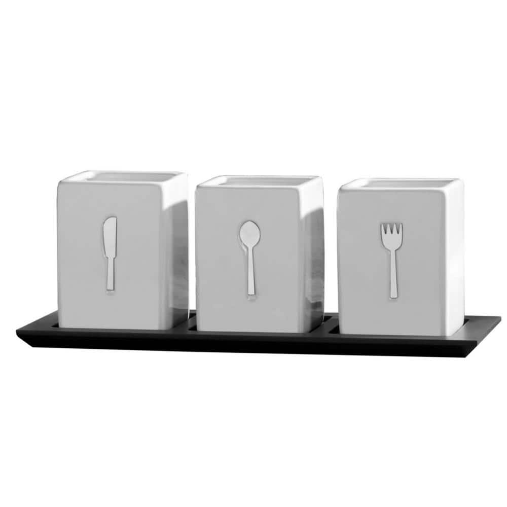 3-pc Ceramic Countertop Flatware Caddy on Wood - Hercitys