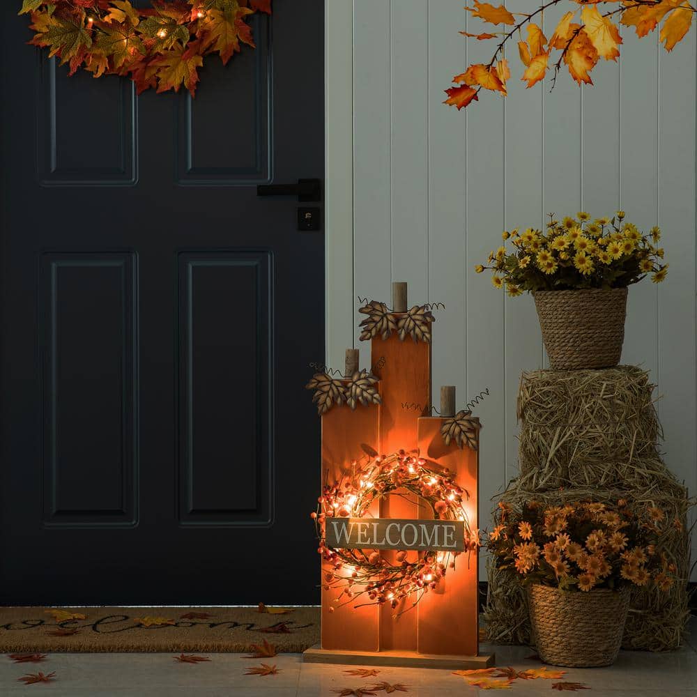 30 in. H Fall Lighted Wooden Pumpkin Decor with Wreath - Hercitys