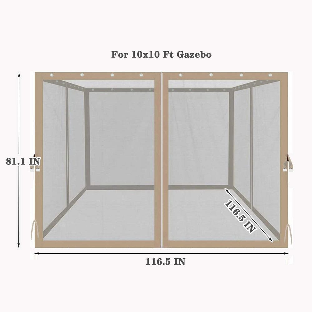 10 x10 Ft Beige Polyester Gazebo Replacement Mosquito Netting with Zippers, 4-Side Mesh Walls for Patio Gazebos - Hercitys