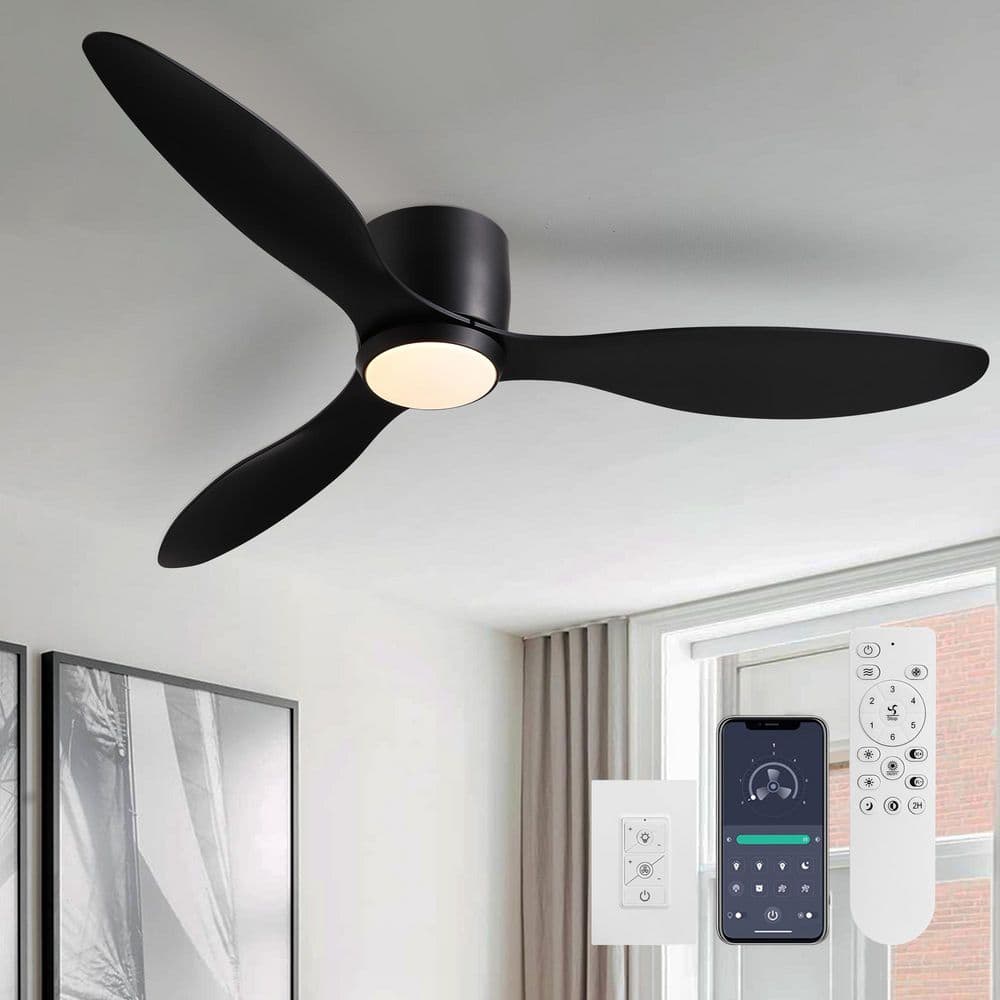 52 in. Indoor Black Low Profile 3-Blades Ceiling Fans with Light Reversible Rotation and Remote Control - Hercitys