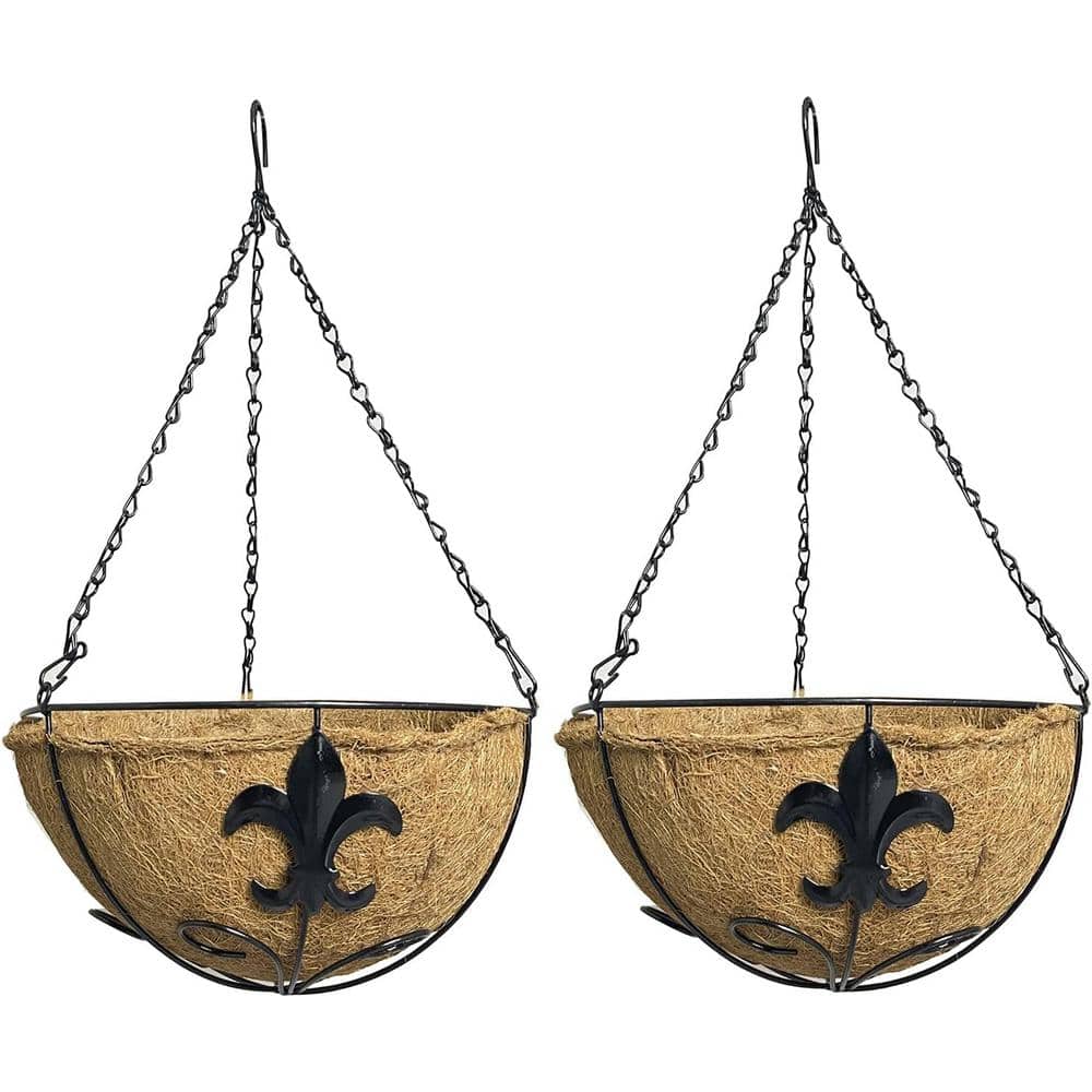 12 in. Metal Coco Liner Plant Hanger Basket and Floral Design Hanging Flower Planter Basket Ideal for Fences, 2 Pack - Hercitys