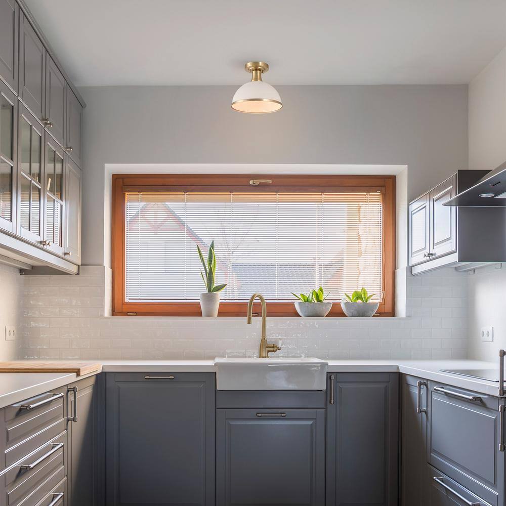 10 in. 1-Light Matte White Semi-Flush Mount Ceiling Light with Matte Brass Accents - Hercitys