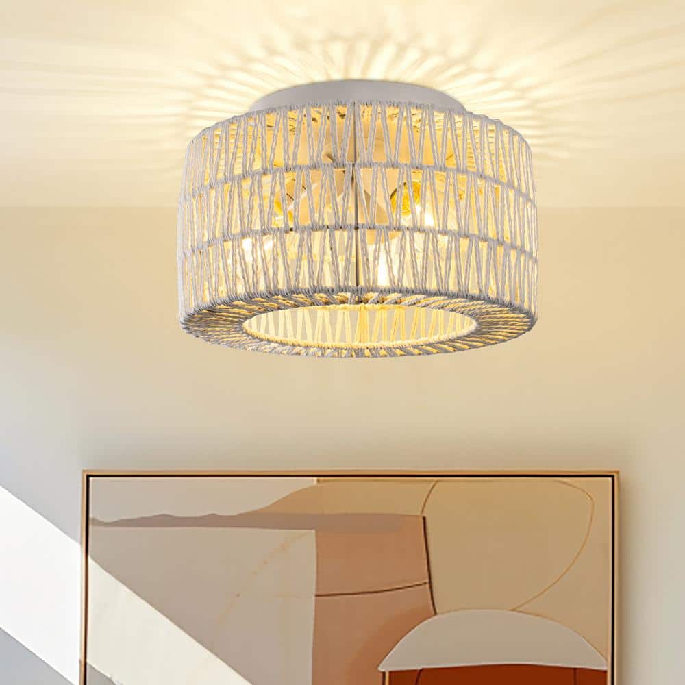 11.8 in. 3-Light White Rattan Flush Mount Ceiling Light for Hallway, Bedroom or Living Room - Hercitys