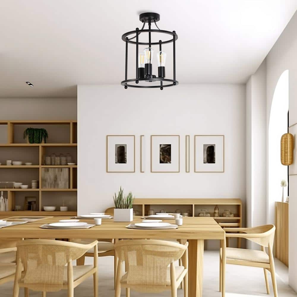 13 in. 3-Light Black Farmhouse Semi Flush Mount Ceiling Light Fixture, Vintage Ceiling Mount for Dining Room and Hallway - Hercitys