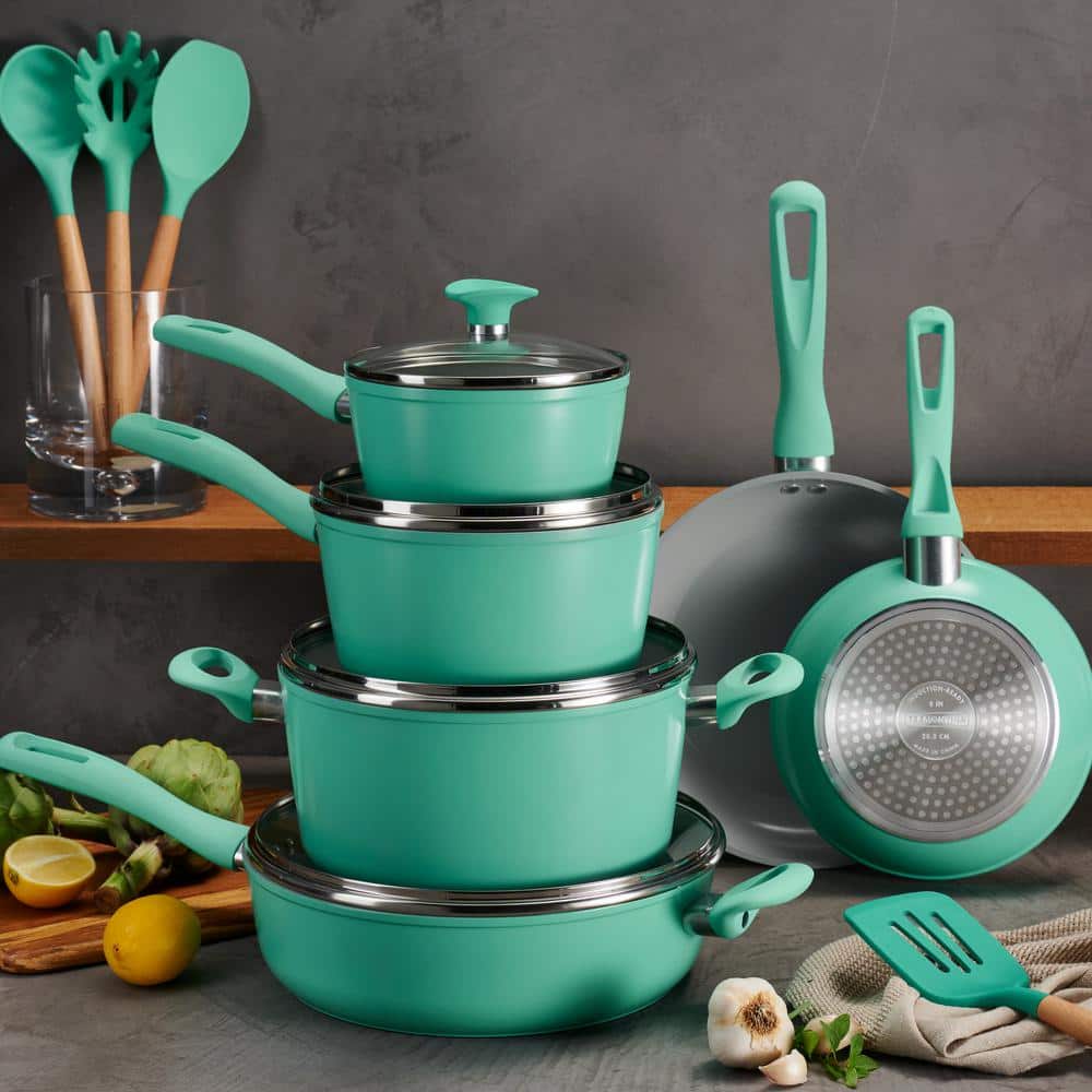 14-Piece Ceramic Cookware Set in Teal - Hercitys