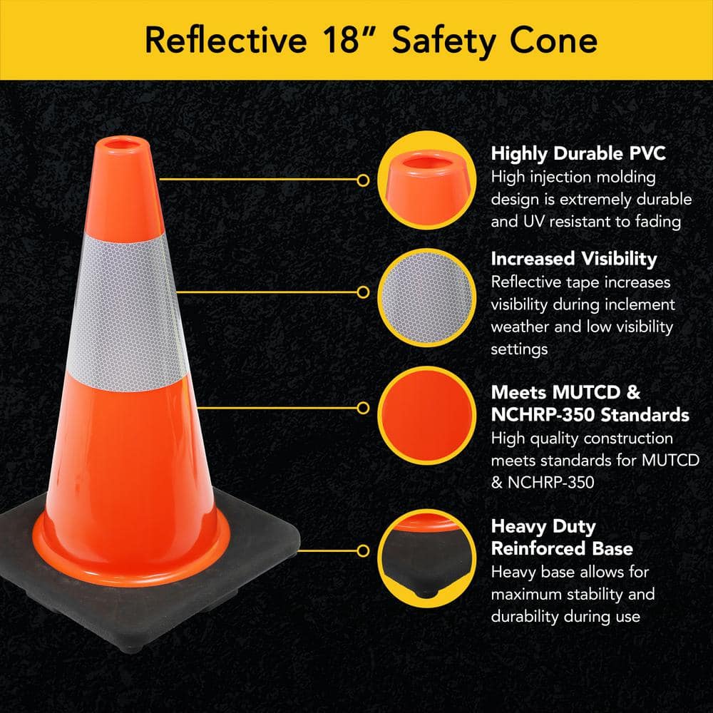 18 in. Orange Reflective PVC Injection Molded Safety Cone with Durable Base - Hercitys