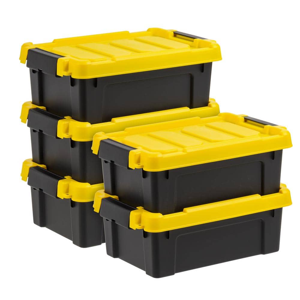 12 Qt./3 Gal. Heavy-duty Stackable Storage Tote in Black with Yellow Lid – Set of 5 - Hercitys