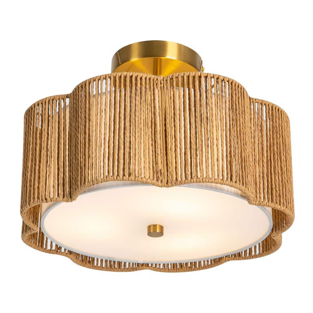 13.4 in. 3-Light Gold Rustic Semi-Flush Mount Ceiling Light with Woven Rattan Shade and No Bulbs Included - Hercitys