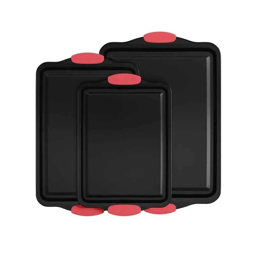 3-Piece Carbon Steel Baking Pan Set with Silicone Handles and Non-Stick for Cakes, Cookies or Pizza, Black - Hercitys