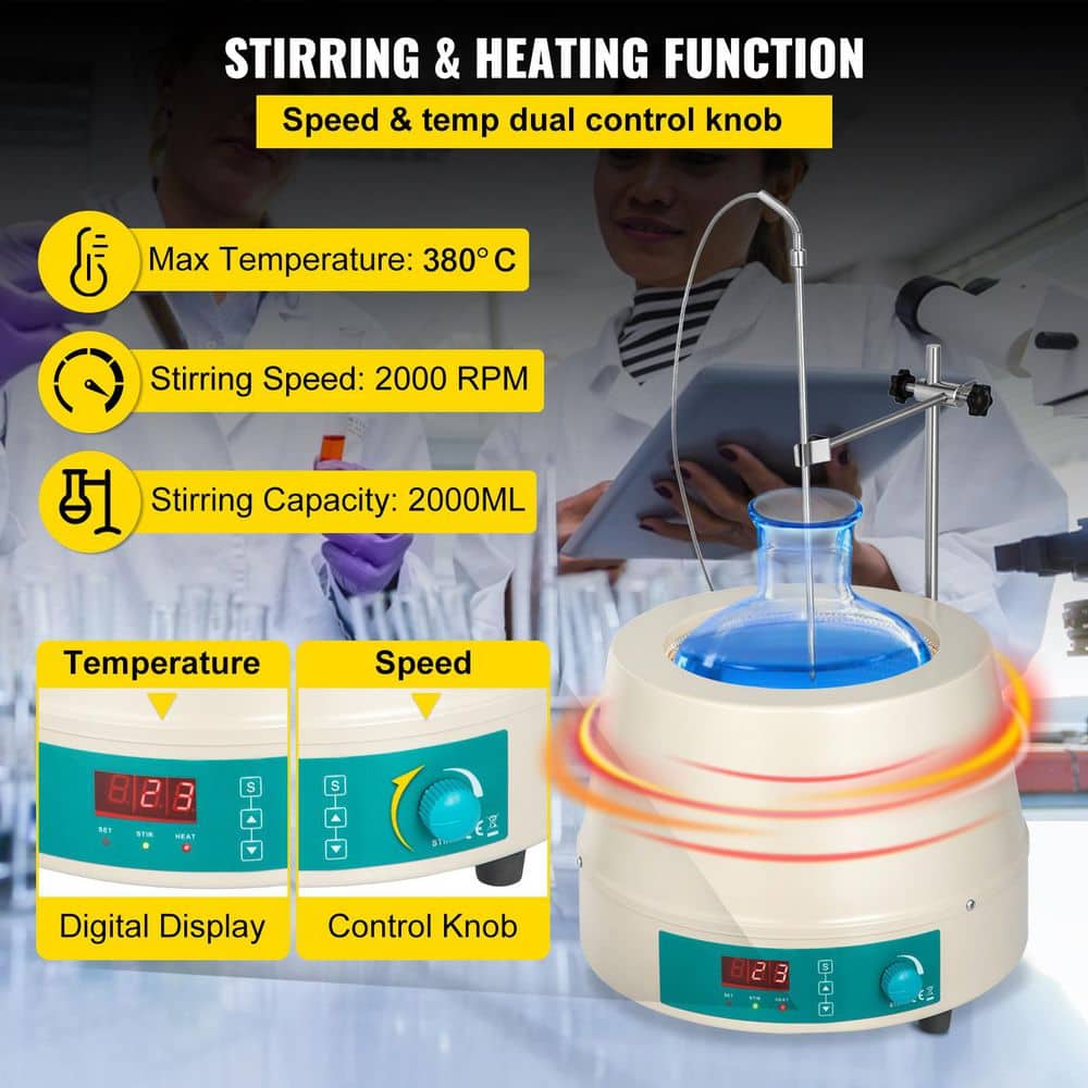 2000ml Heating Mantle, 600W Electric Magnetic Stirrer, Max Temp 450°C, Digital Magnetic Heating Mantle Kit - Hercitys