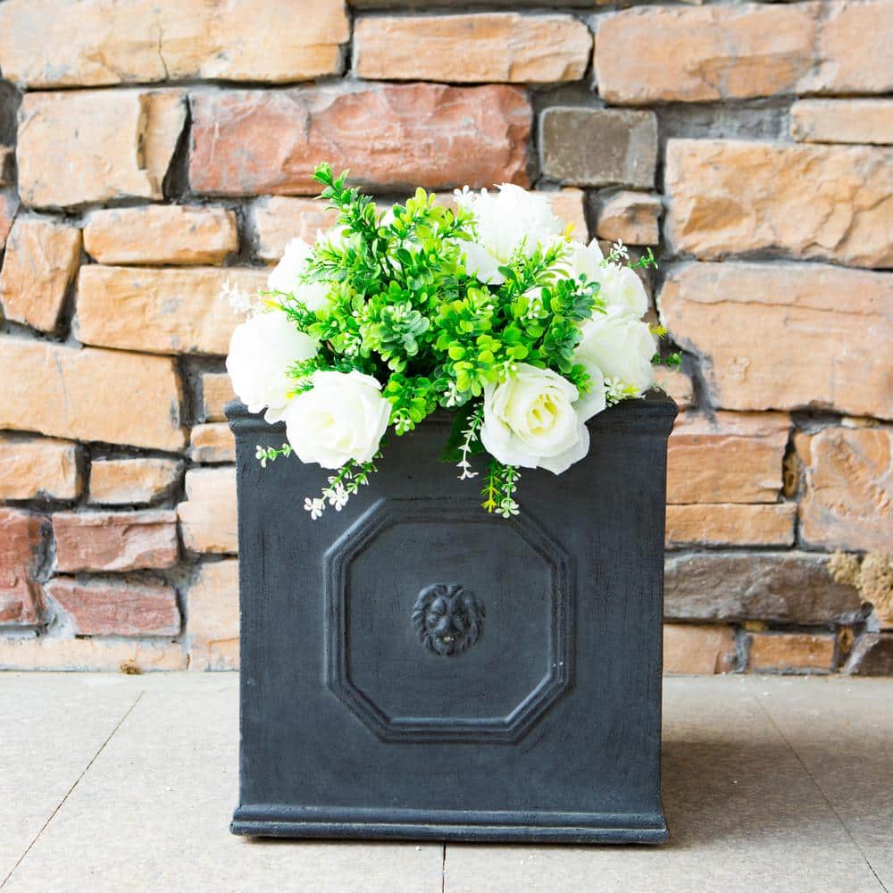 12.6 in. Antique Rust Color Lightweight Concrete Lion Head Square Medium Planter - Hercitys