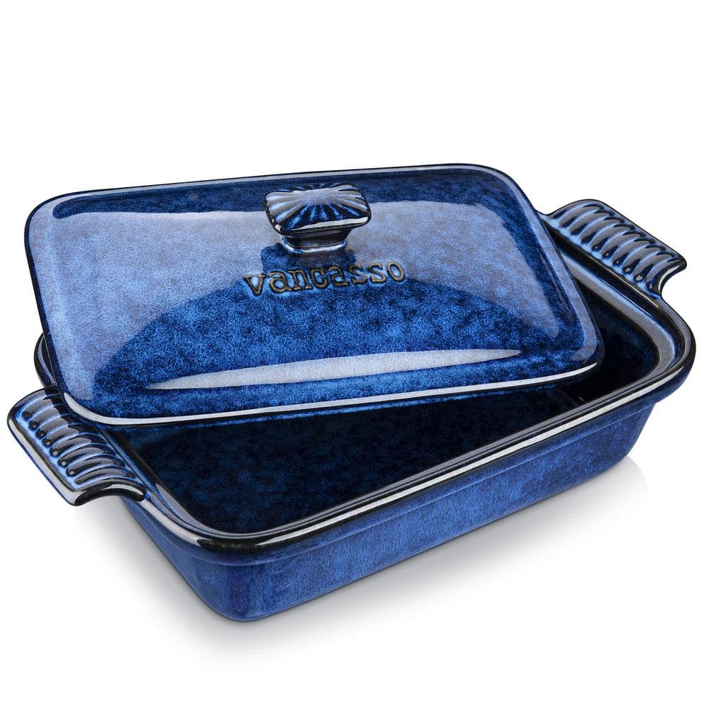1-Piece Rectangle Stoneware Casserole Dish Set with Lid Baking Tray Lasagna Pan Pie Dish Blue Bakeware 1.9 qt. - Hercitys