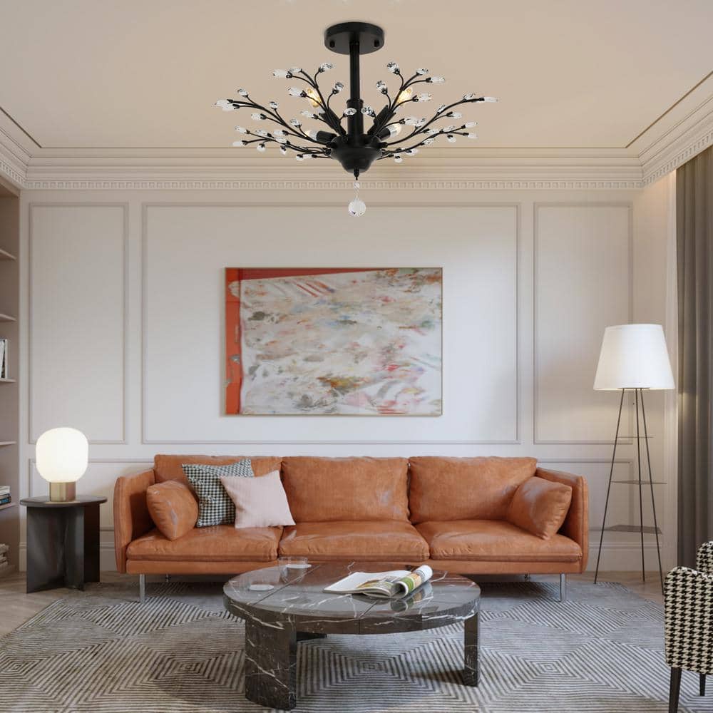 23.62 in. Black Vintage Crystal Branches Design 4-Light Semi-Flush Mount Ceiling Light for Bedroom, No Bulbs Included - Hercitys