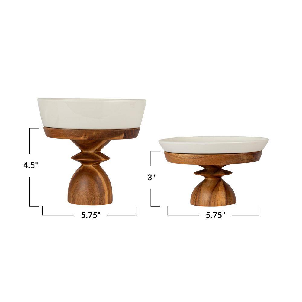 1-Tier White and Brown Round Acacia Wood-Enhanced Stoneware Cake Stand (Set of 2) - Hercitys