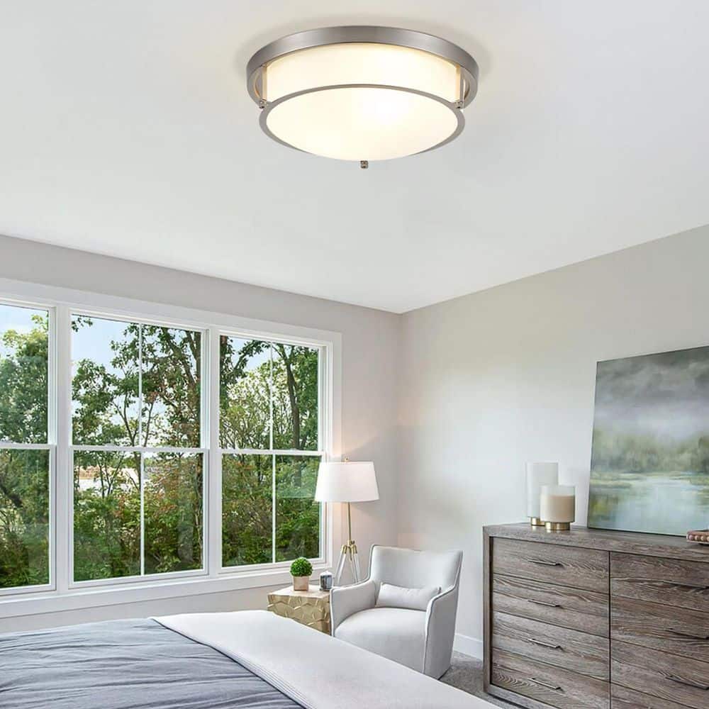 13 in. 2-Light Industrial Brushed Nickel Flush Mount Farmhouse Close to Ceiling Light Fixture with White Glass Shade - Hercitys