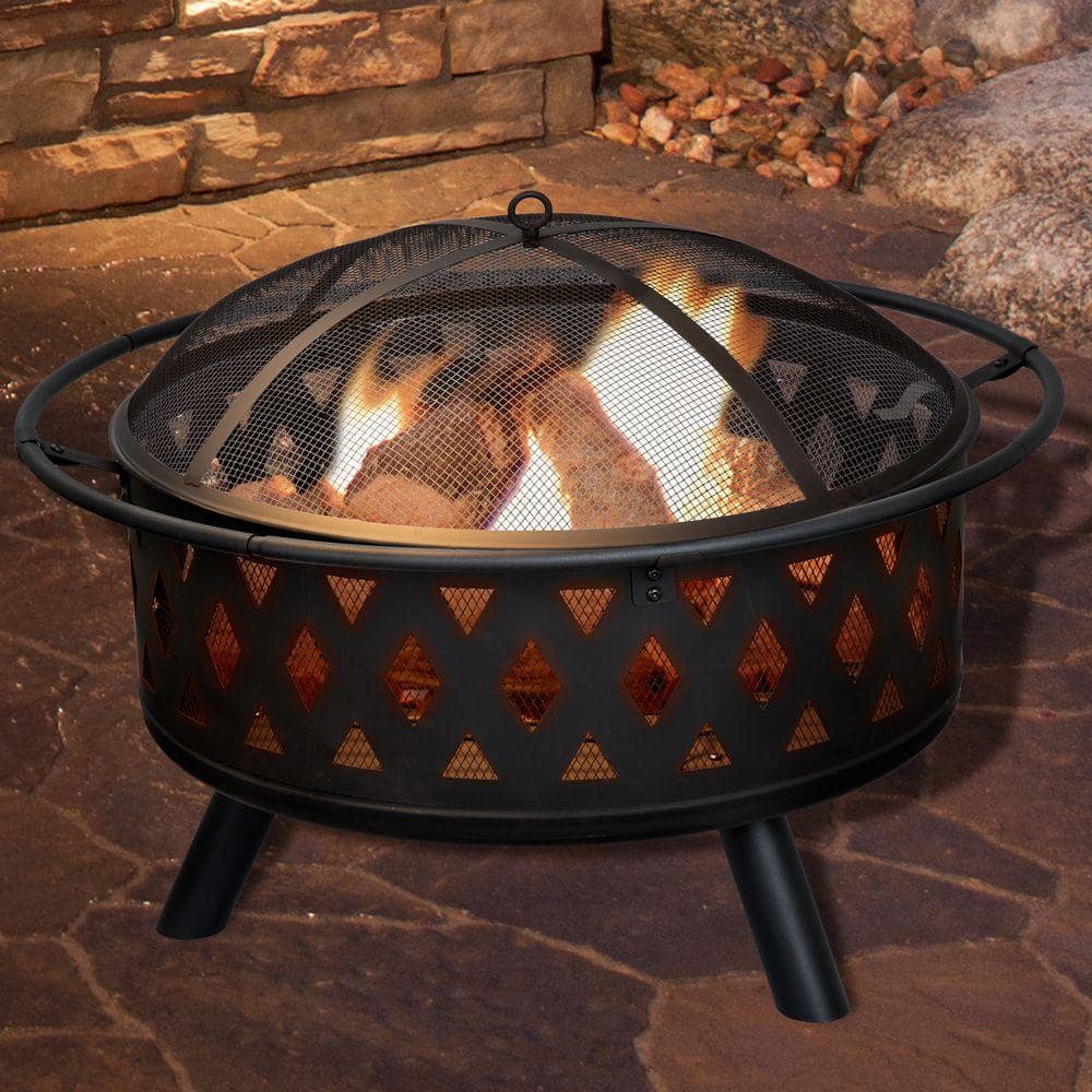32 in. Round Steel Crossweave Firepit with Cover - Hercitys